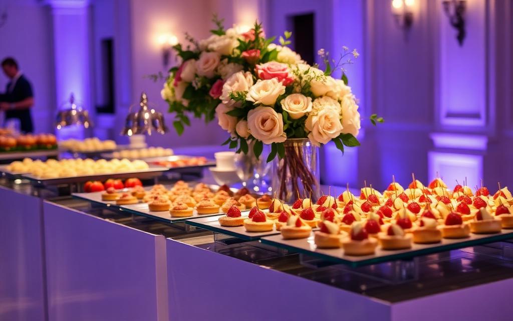 Catering website example — elegant buffet display with appetizers and floral arrangement, South Florida catering company website built by Local Launch