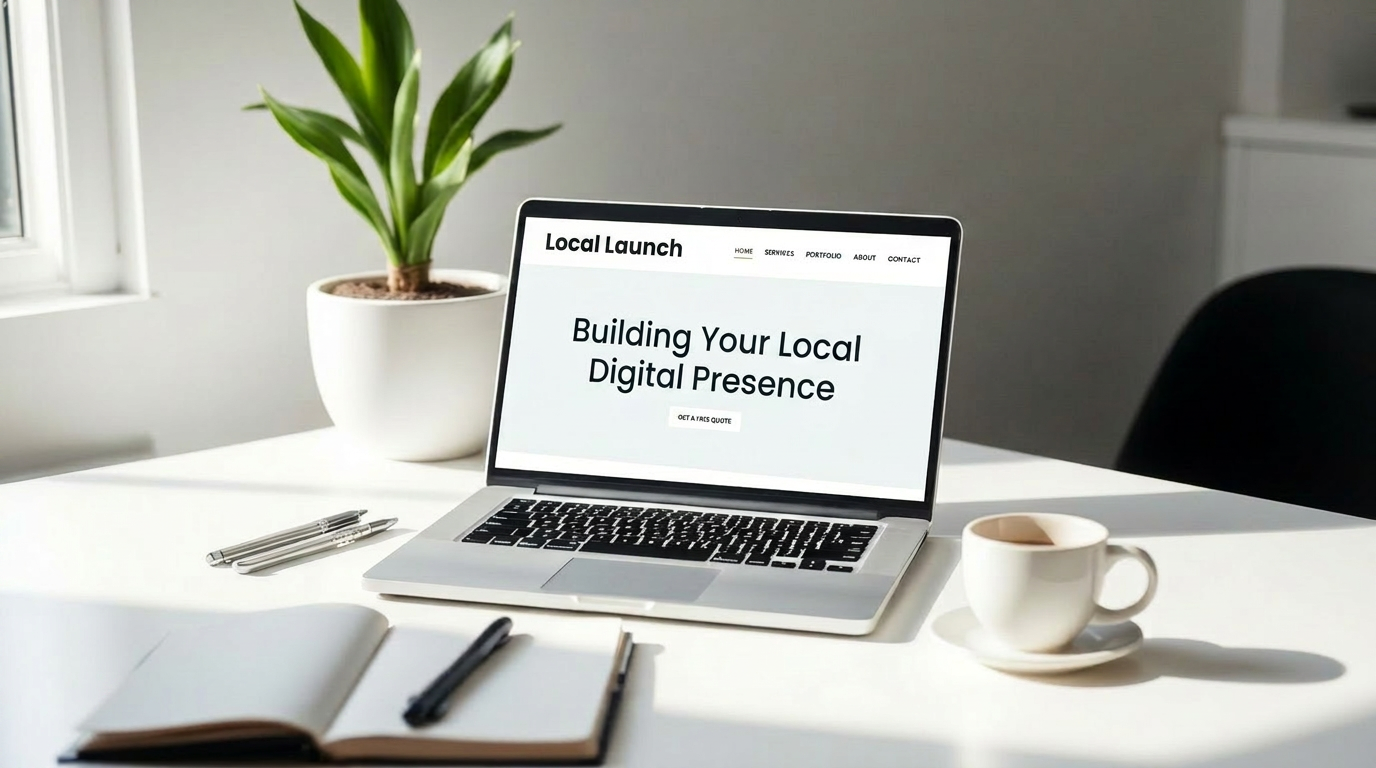 Content-rich business website example — laptop on a clean workspace showing the Local Launch website, South Florida small-business website by Local Launch