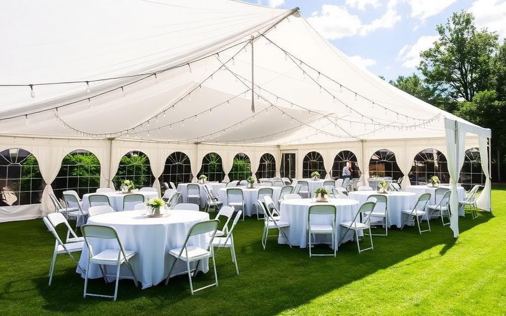 Event rental website example — white party tent with tables and chairs on a lawn, South Florida event rental company website built by Local Launch