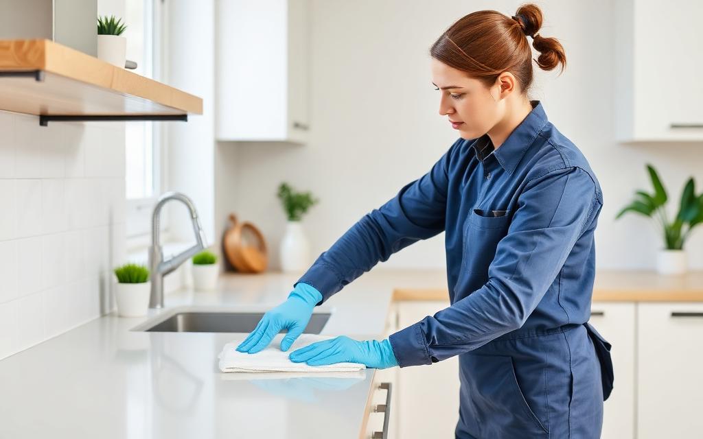 Home service website example — professional cleaner wiping a kitchen countertop, South Florida cleaning and home-services website built by Local Launch